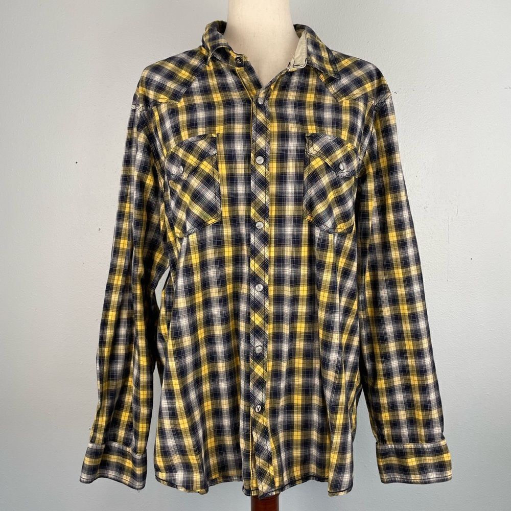 Roebuck & Co. Men's Yellow and Black Plaid Shirt Size XL EUC